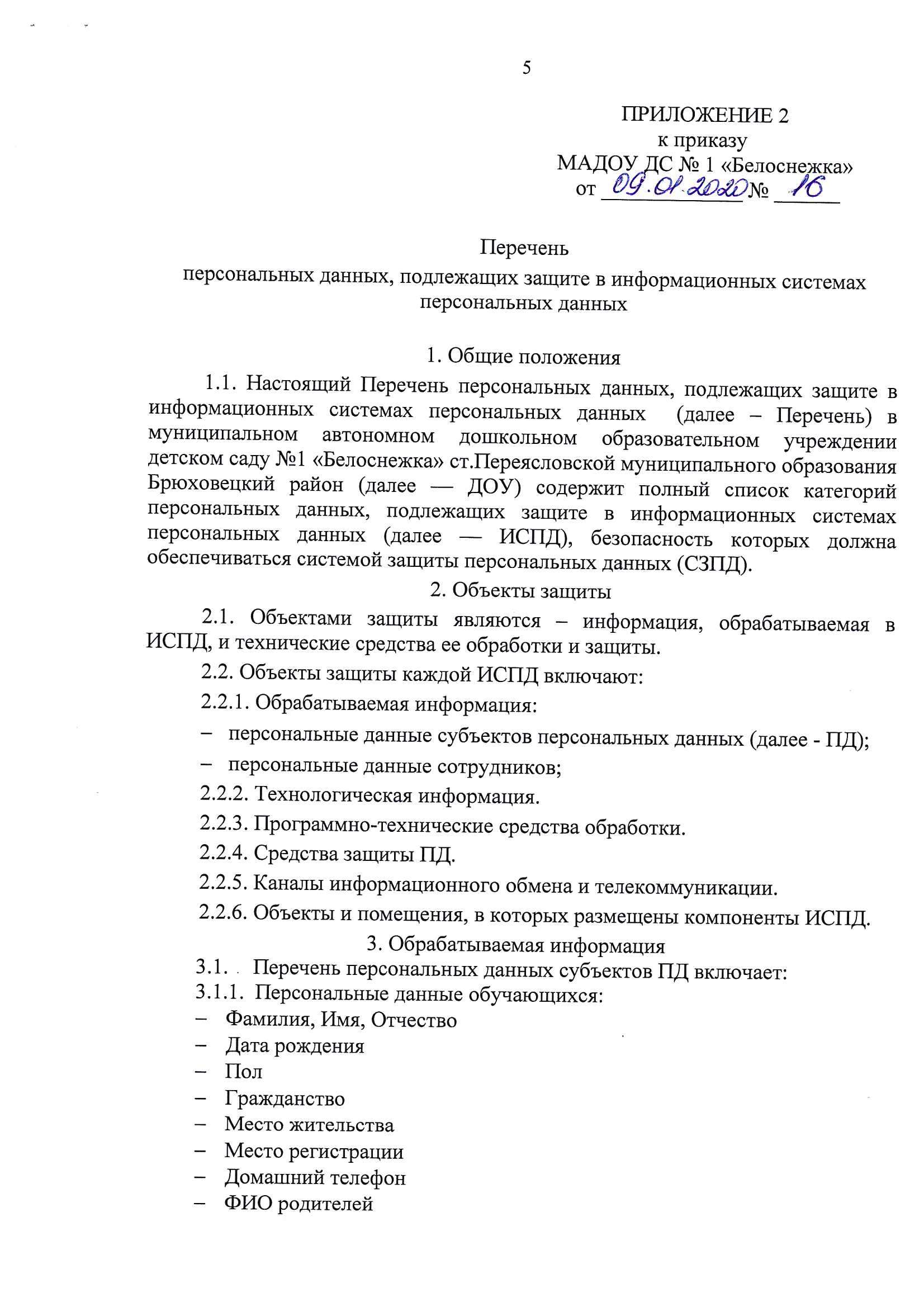 Перечень персональных данных, подлежащих, подлежащих защите в ИСПДН — МАДОУ  ДС №1 